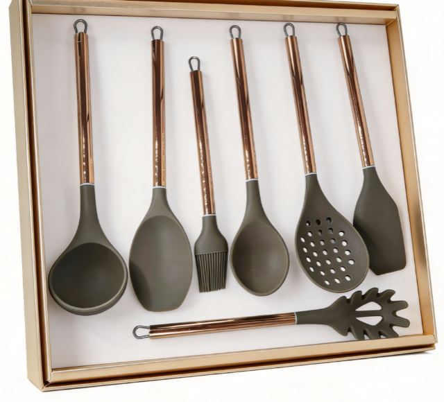 7-Piece Food-Grade Silicone Kitchen Utensils - 230°C Heatproof Cooking Utensils Set, BPA-Free Gray Green Heat Resistant Spatula Ladle with Elegant Copper-Gold Metal Handles, FDA Approved Professional Kitchen Tools for Culinary Pros & Home Cooks