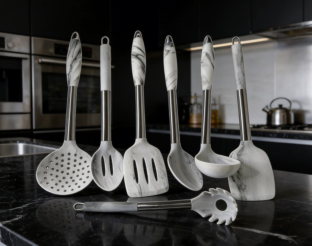 Premium 7-Piece Marble Silicone Kitchen Utensil Set - Heat Resistant &amp; Anti-Scald Design