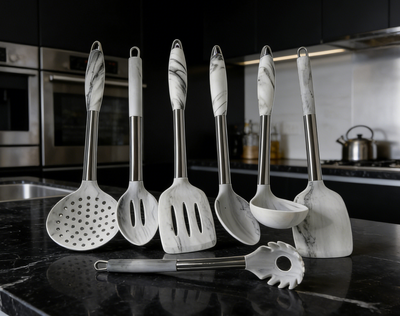 Premium 7-Piece Marble Silicone Kitchen Utensil Set - Heat Resistant &amp; Anti-Scald Design