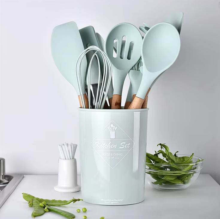 Kitchen Utensils Set of 12 Non-stick Kitchen Utensils Set Wooden Handle Silicone Fresh Green Home Kitchen Cooking