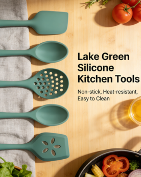 5-Piece Sage Green One-Piece Silicone Kitchen Utensils - Heat Resistant Cooking Tool Set