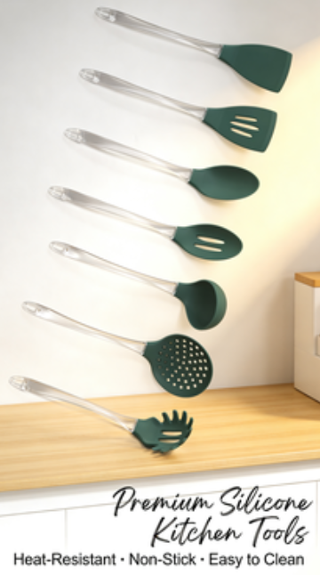 7-Piece Emerald Green Food Grade Silicone Kitchen Utensils - Heat Resistant Non-Scald Cooking Tool Set