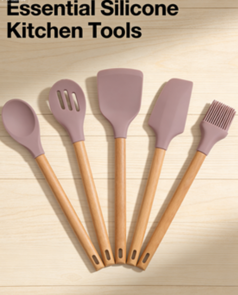 5-Piece Dusty Rose Silicone Kitchen Utensils with Natural Wood Handles - Heat Resistant Cooking Tool Set