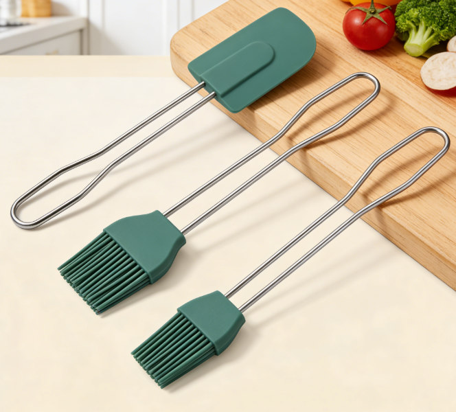 3-Piece Dark Green Silicone Kitchen Utensils with Wire Handles - Heat Resistant Cooking Tool Set