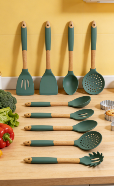 7-Piece Forest Green Silicone Kitchen Utensils with Natural Wooden Handles - Heat Resistant Cooking Tool Set