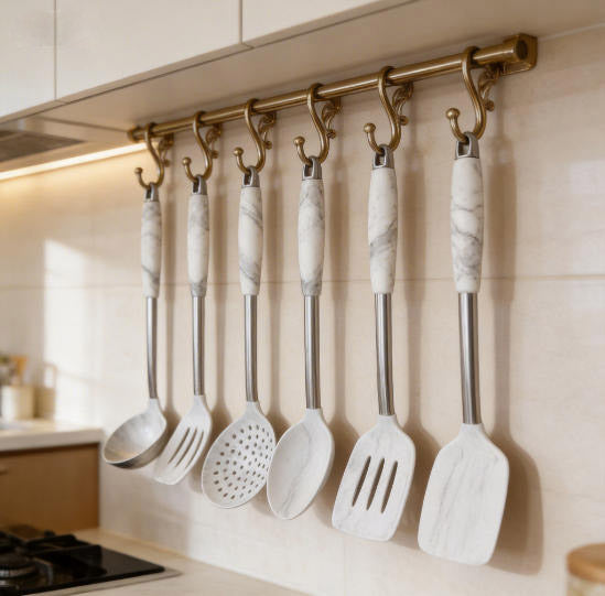 Premium 7-Piece Silicone Kitchen Utensil Set with Marble-Texture Handles