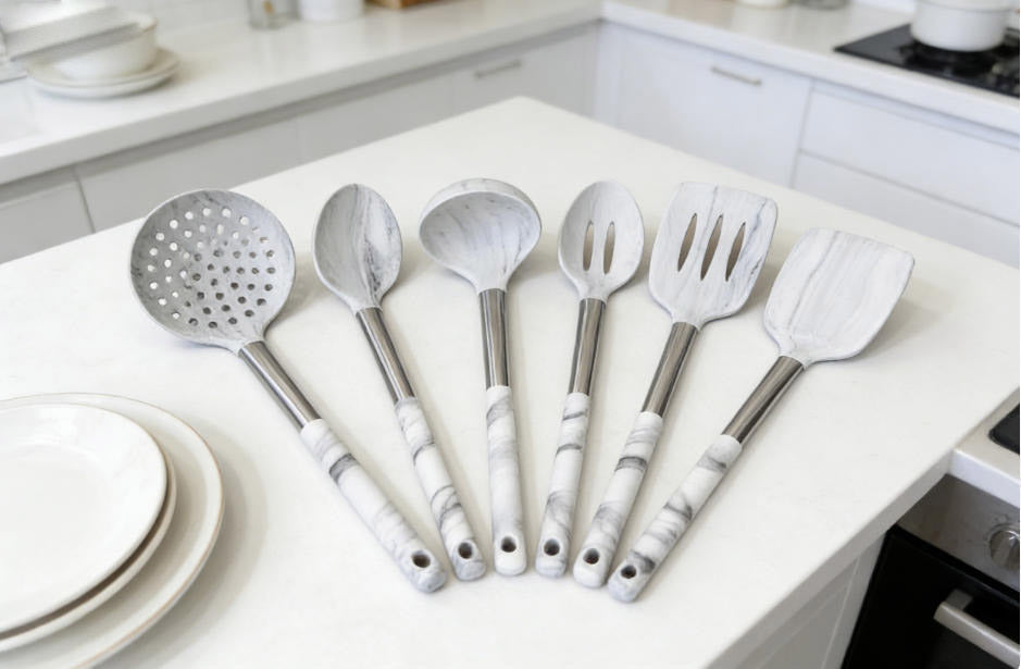 Heat-Resistant Marble-Texture Silicone Kitchen Utensil Set - Premium Food Grade