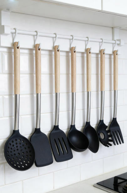 Black Silicone Kitchen Utensil Set with Wooden Handles - Heat Resistant & Food Grade