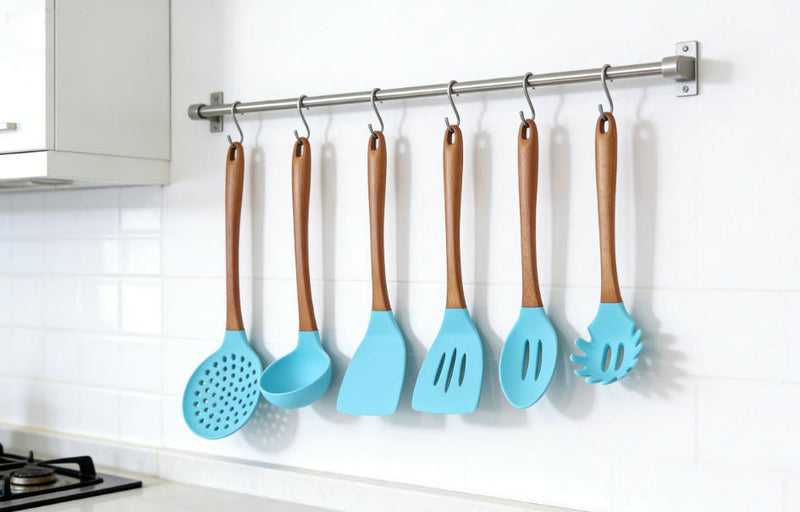 Macaron Blue Silicone Kitchen Utensil Set with Wooden Handles - Heat Resistant & Food Grade