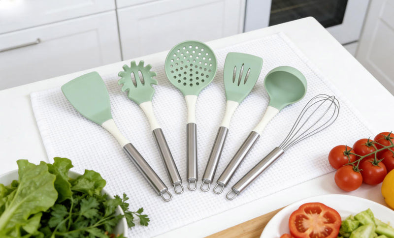 Mint Green Silicone Kitchen Utensil Set with Metal Handles - Heat Resistant & Food Grade