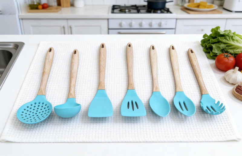 Sky Blue Silicone Kitchen Utensil Set with Natural Wood Handles - Heat Resistant & Food Grade