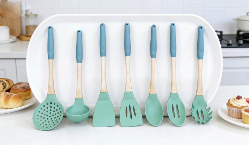 Mint Green Silicone Kitchen Utensil Set with Real Wood Handles - Heat Resistant & Food Grade