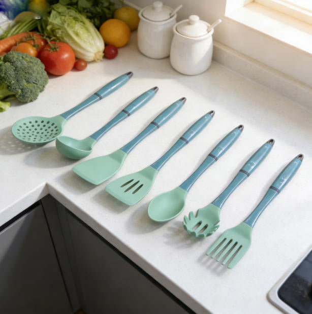 Lake Green Silicone Kitchen Utensil Set with Blue Hard Plastic Handles - Heat Resistant & Food Grade