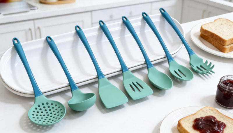 Mint Green Silicone Kitchen Utensil Set with Blue Handles - Heat Resistant & Food Grade