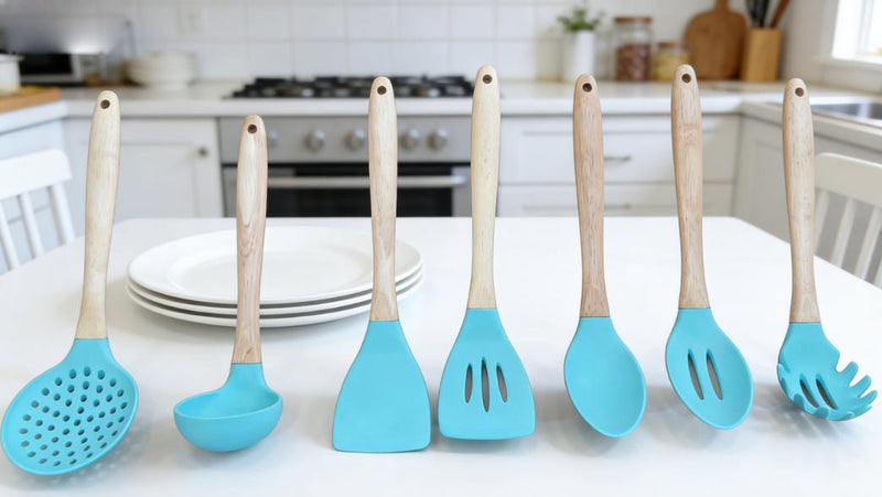 SkyBlue Comfort Silicone Kitchen Utensil Set with Natural Wood Handles - Heat Resistant & Ergonomic Design