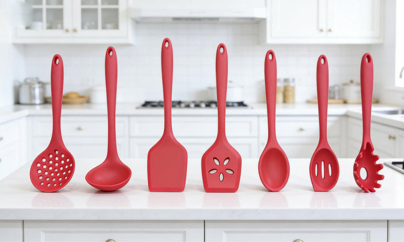 CrimsonPro 7-Piece Premium Silicone Kitchen Utensil Set - Heat Resistant with Matte Rose Red Finish