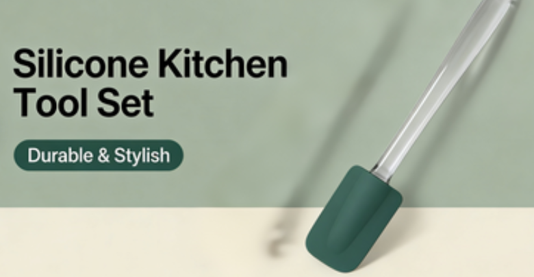 Minimalist Green Silicone Kitchen Utensils with Transparent Handles - Heat Resistant Cooking Tool Set