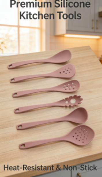 6-Piece Dusty Rose One-Piece Silicone Kitchen Utensils - Heat Resistant Cooking Tool Set