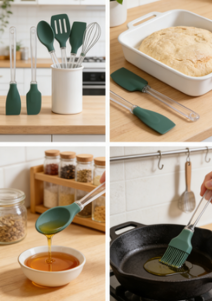 6-Piece Emerald Green Silicone Kitchen Utensils with Clear Handles - Heat Resistant Cooking Tool Set