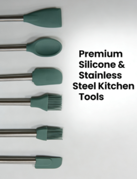 6-Piece Sage Green Silicone Kitchen Utensils with Stainless Steel Handles - Heat Resistant Cooking Tool Set